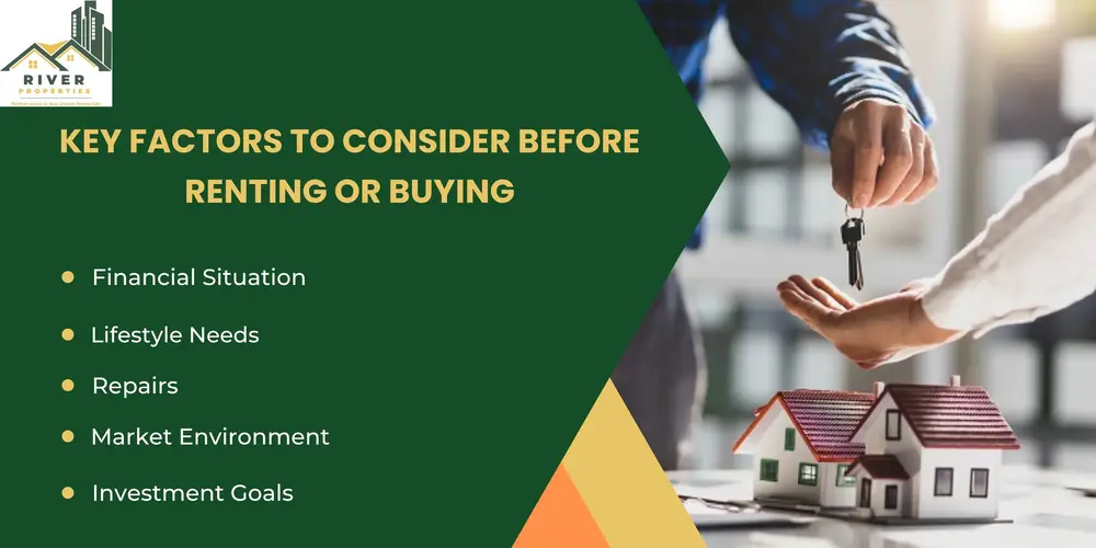 Key handover with house model highlighting essential factors like finance, lifestyle, and market when choosing to rent or buy.