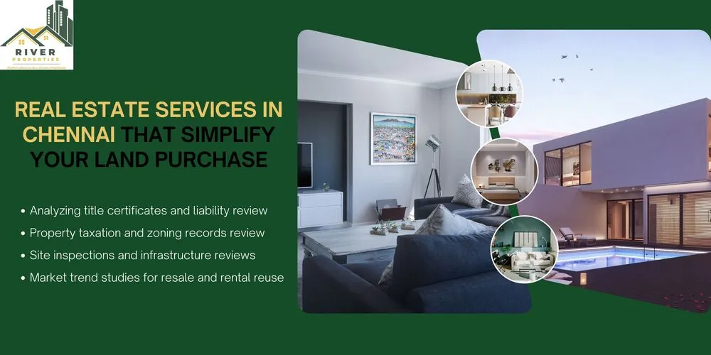 A modern real estate service banner by River Properties showcasing professional solutions for land buyers in Chennai including title verification, taxation review, site inspection.